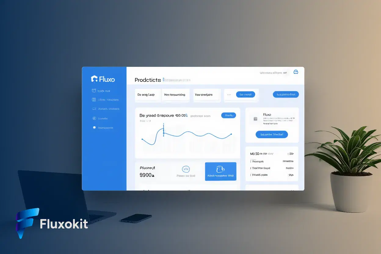 Real Reve Remix generation: Clean isometric mockup of the "Fluxo" productivity dashboard floating over a minimalist de