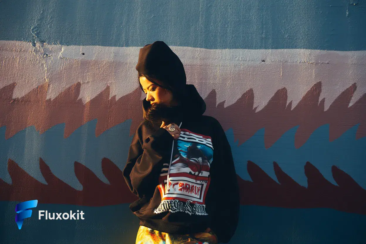 Real Reve Remix generation: Streetwear lookbook: a model in an oversized graphic hoodie against a painted concrete wal
