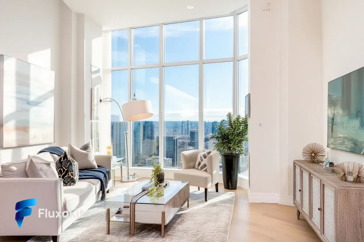 Real Reve Remix generation: Architectural interior of a bright modern living room with floor-to-ceiling windows and a