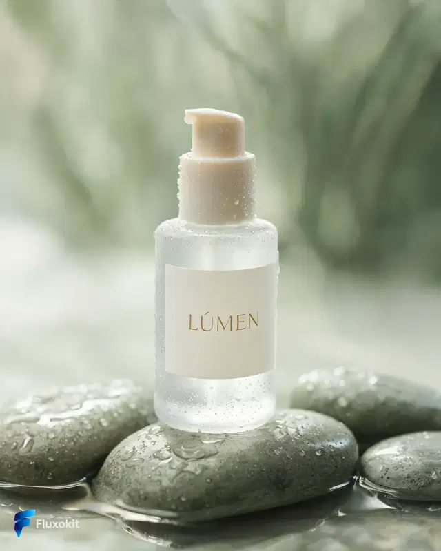 Seedream 5.0 - Foto de produto: sérum "Lúmen" em pedra molhada, luz suave da manhã
