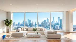Seedream 5.0 - Interior moderno com vista para a cidade, luz natural, anúncio