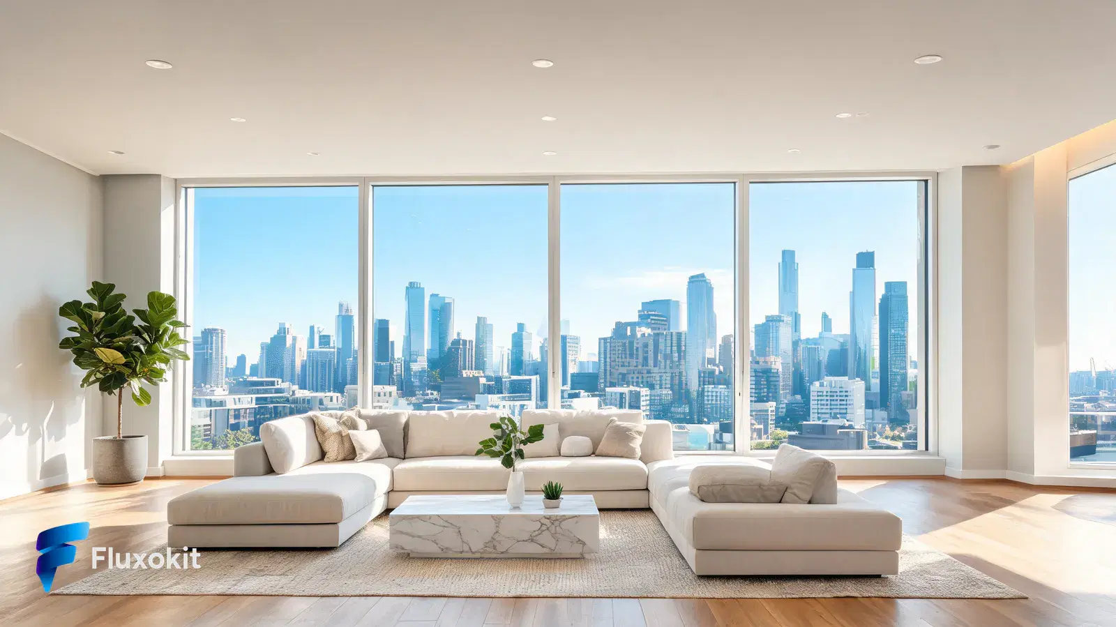 Seedream 5.0 - Interior moderno com vista for the cidade, luz natural, anuncio