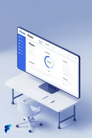 Z-Image Turbo - Mockup isométrico do painel "Fluxo", tons de azul, hero de SaaS