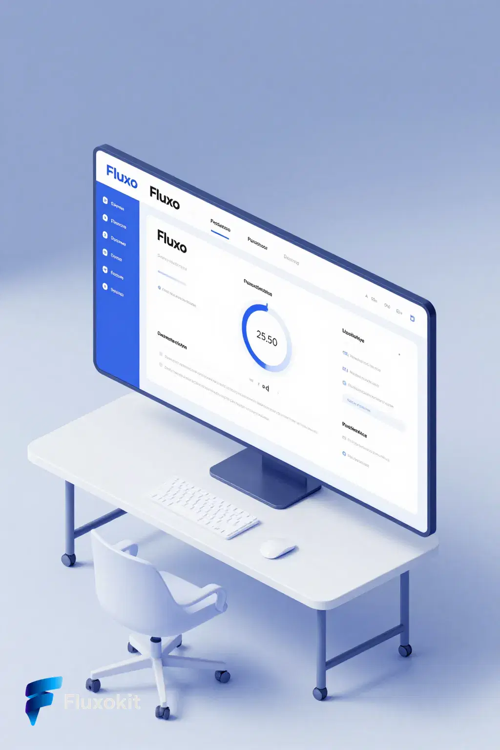 Real Z-Image Turbo generation: Clean isometric mockup of the "Fluxo" productivity dashboard floating over a minimalist de