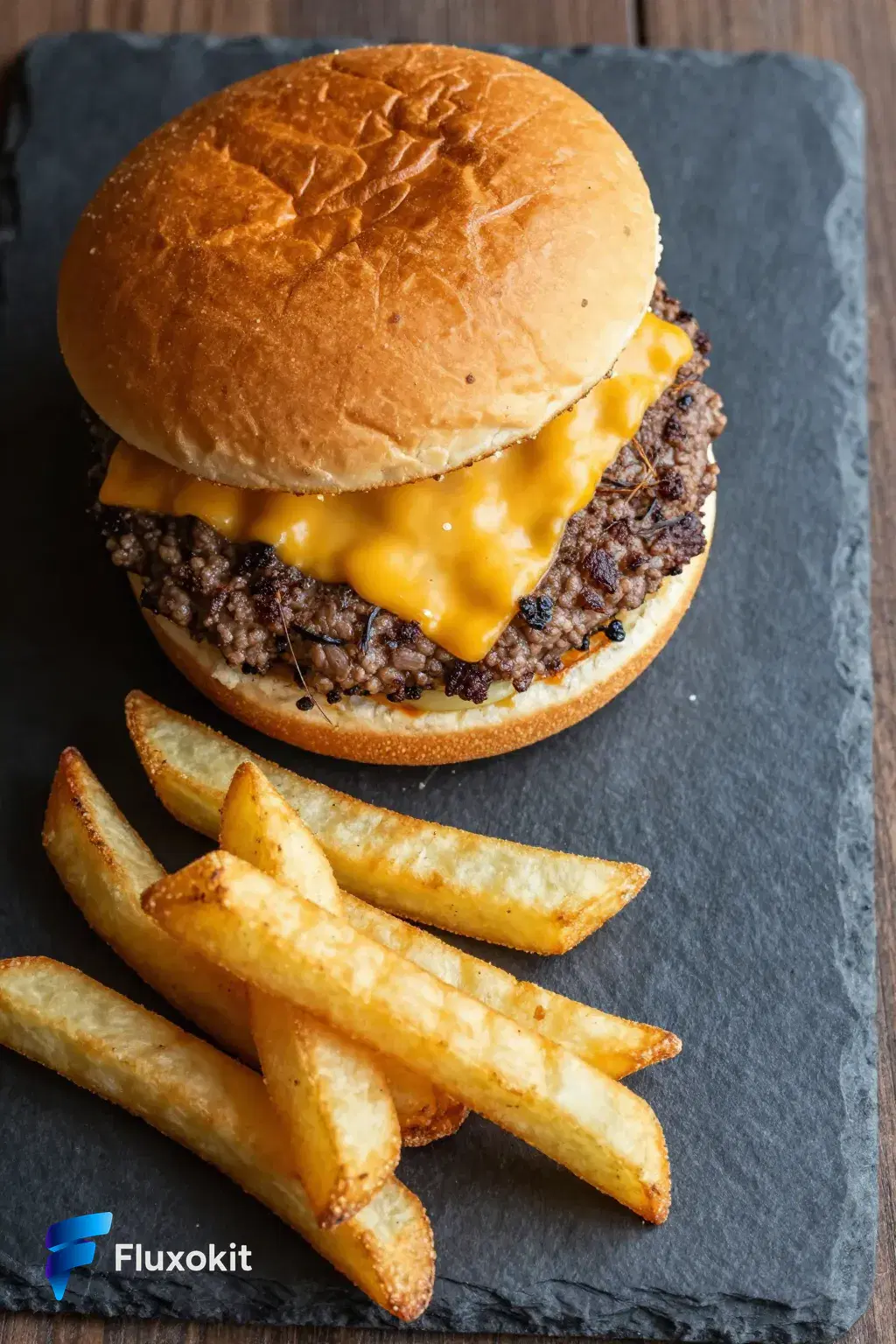 Real Z-Image Turbo generation: Overhead flat-lay of an artisan smash burger with melted cheese and rustic fries on slate,