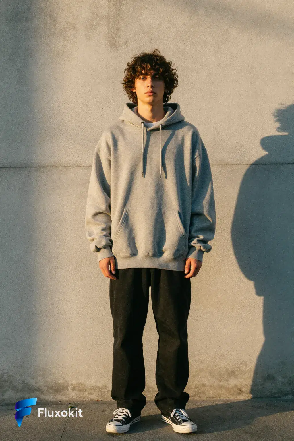 Real Z-Image Turbo generation: Streetwear lookbook: a model in an oversized graphic hoodie against a painted concrete wal