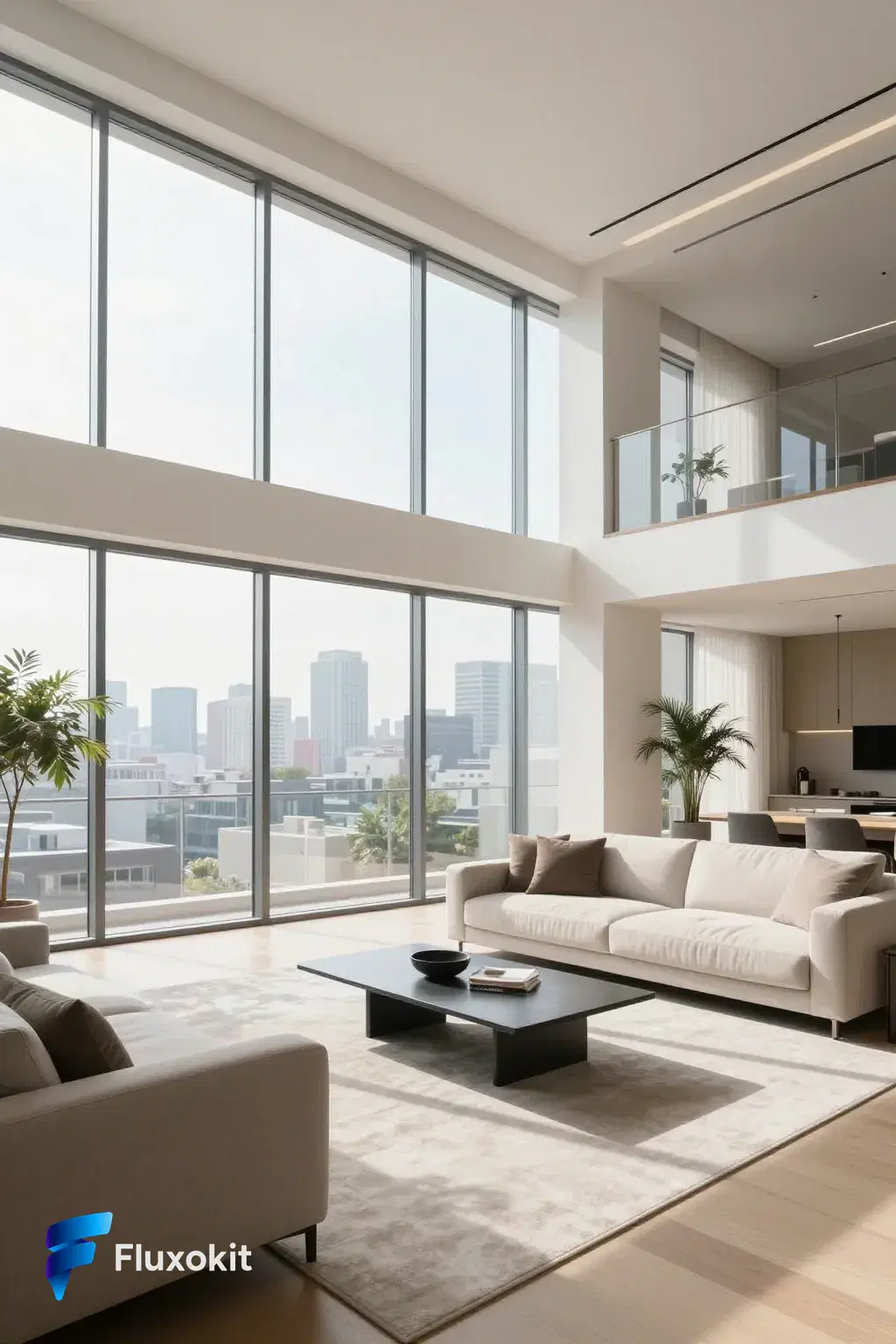 Real Z-Image Turbo generation: Architectural interior of a bright modern living room with floor-to-ceiling windows and a 