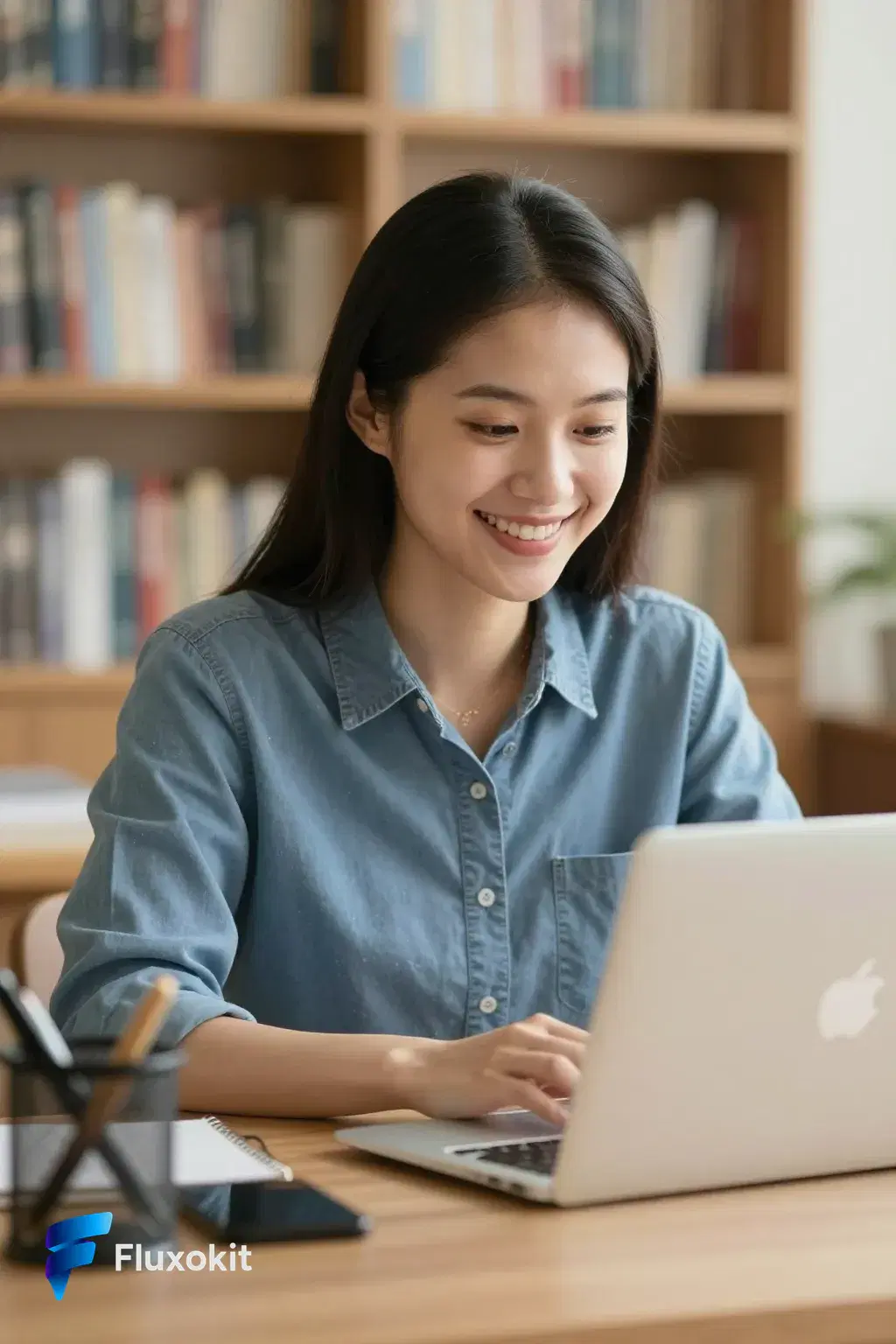 Real Z-Image Turbo generation: A friendly educator smiling at a laptop in a warm home office, soft bokeh bookshelf, appro