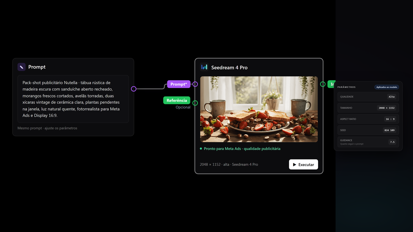 Qualidade, tamanho, seed e guidance no painel certo · captura do canvas FluxoKit