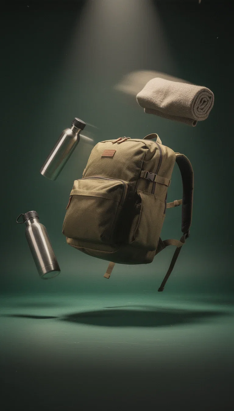 AI-generated ad creative of an olive canvas backpack floating with gear over a forest-green backdrop, made on FluxoKit