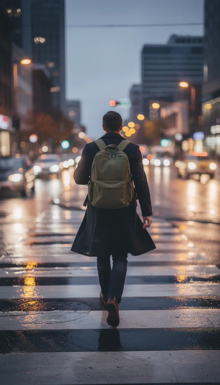 AI-generated lifestyle ad creative of a commuter wearing the backpack across a rain-slick city street at dusk, made on FluxoKit