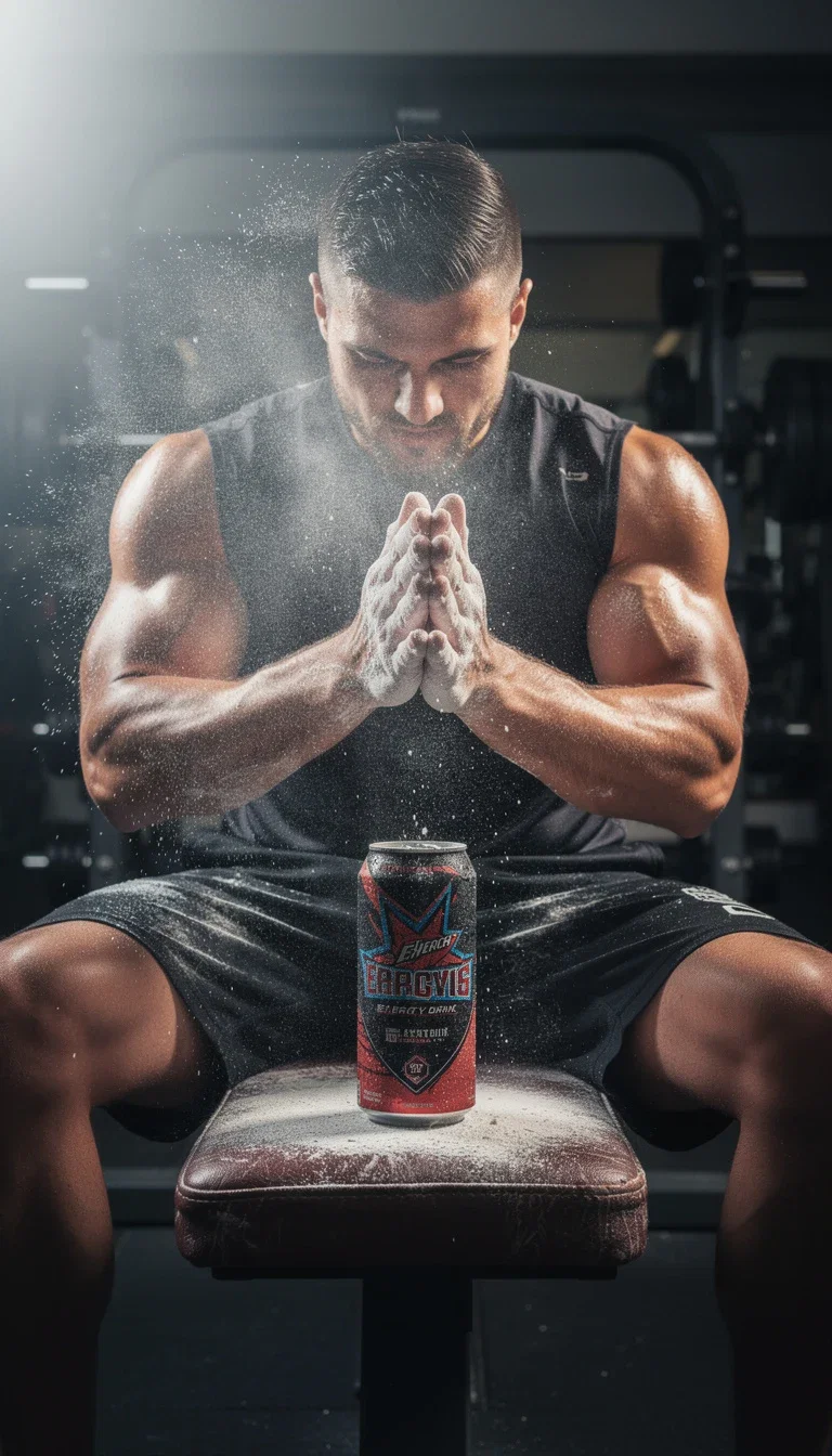 The same energy-drink ad concept restaged on a gym bench with chalk dust, generated on FluxoKit
