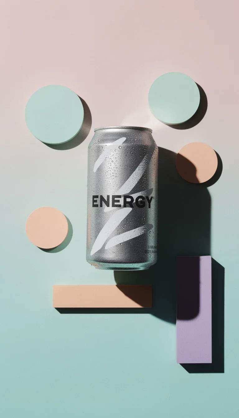 The same energy-drink ad concept as a minimal pastel studio flat-lay, generated on FluxoKit