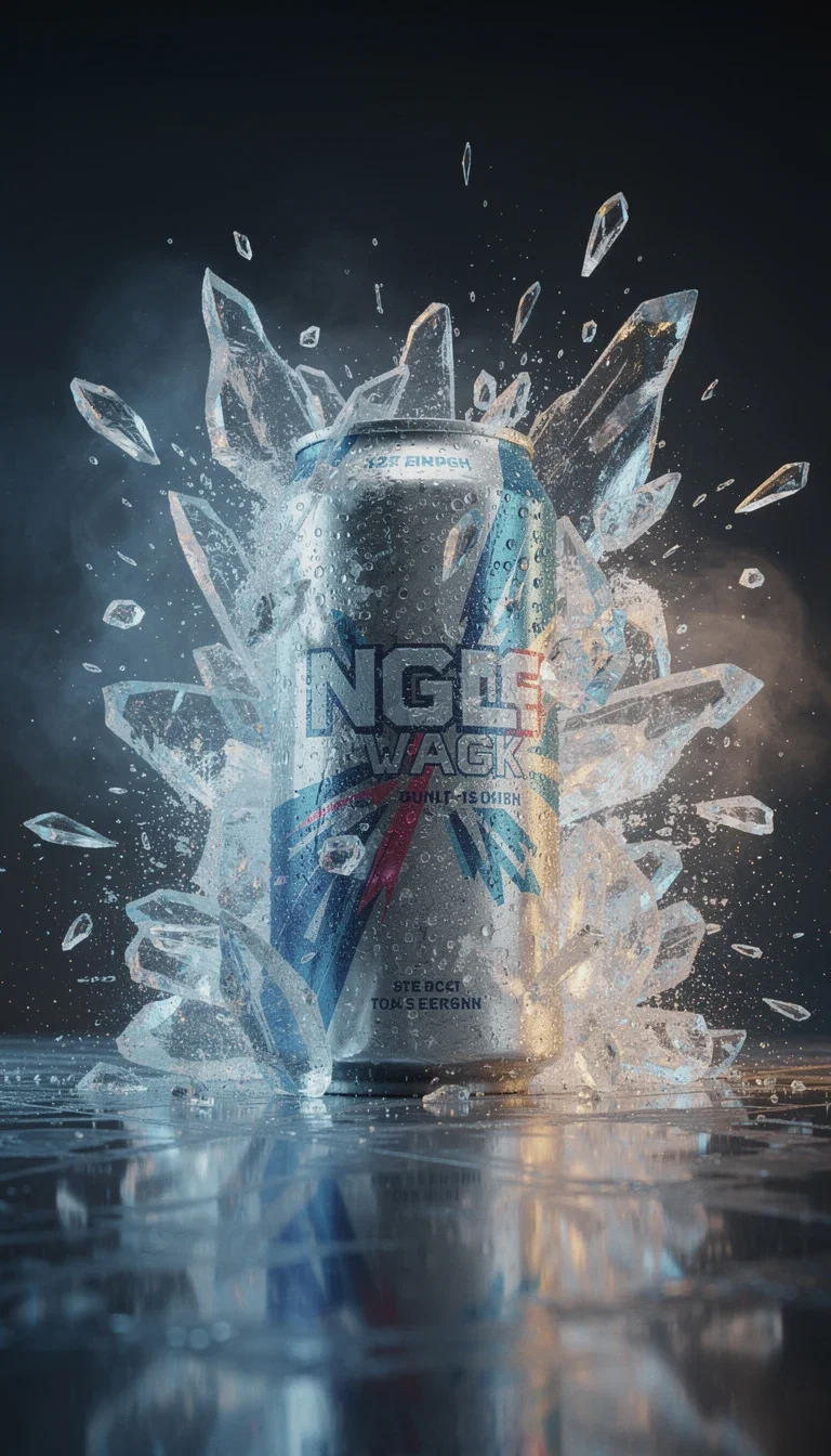 Energy-drink ad variation with an ice-shard studio burst, one of four scene restages of the same brief, generated on FluxoKit