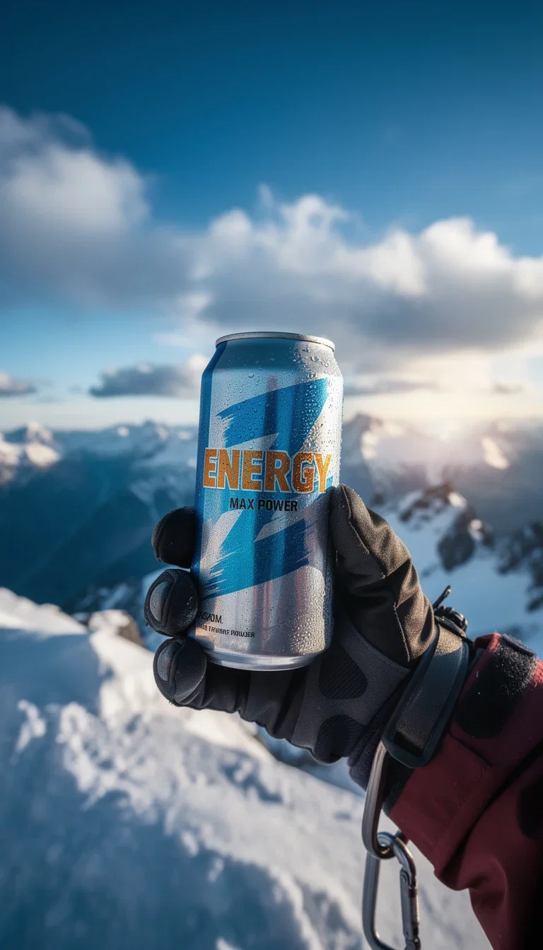 The same energy-drink ad concept restaged on a snowy summit in a climber's hand, generated on FluxoKit