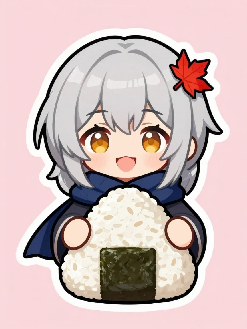 Chibi sticker version of the same heroine happily holding a giant onigiri, generated on FluxoKit
