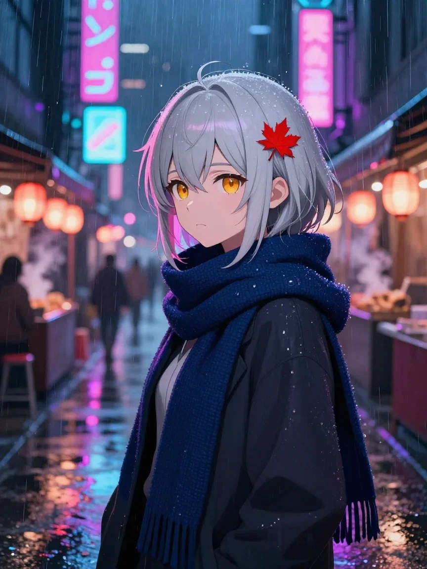 The same anime heroine under neon rain in a night market alley in cyberpunk style, generated on FluxoKit