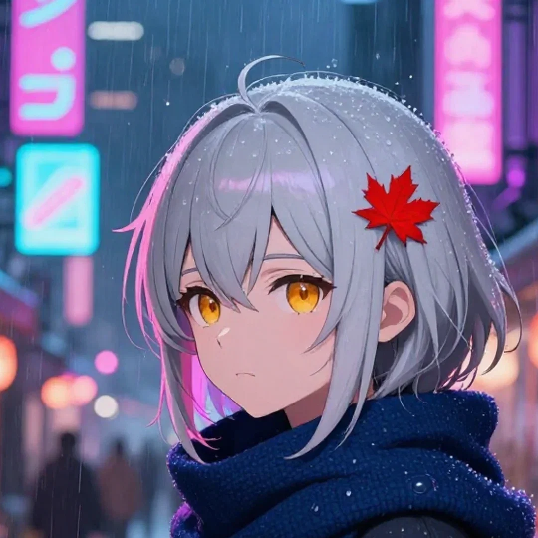 Close crop of the cyberpunk render showing rain detail on the heroine's scarf and hair, generated on FluxoKit