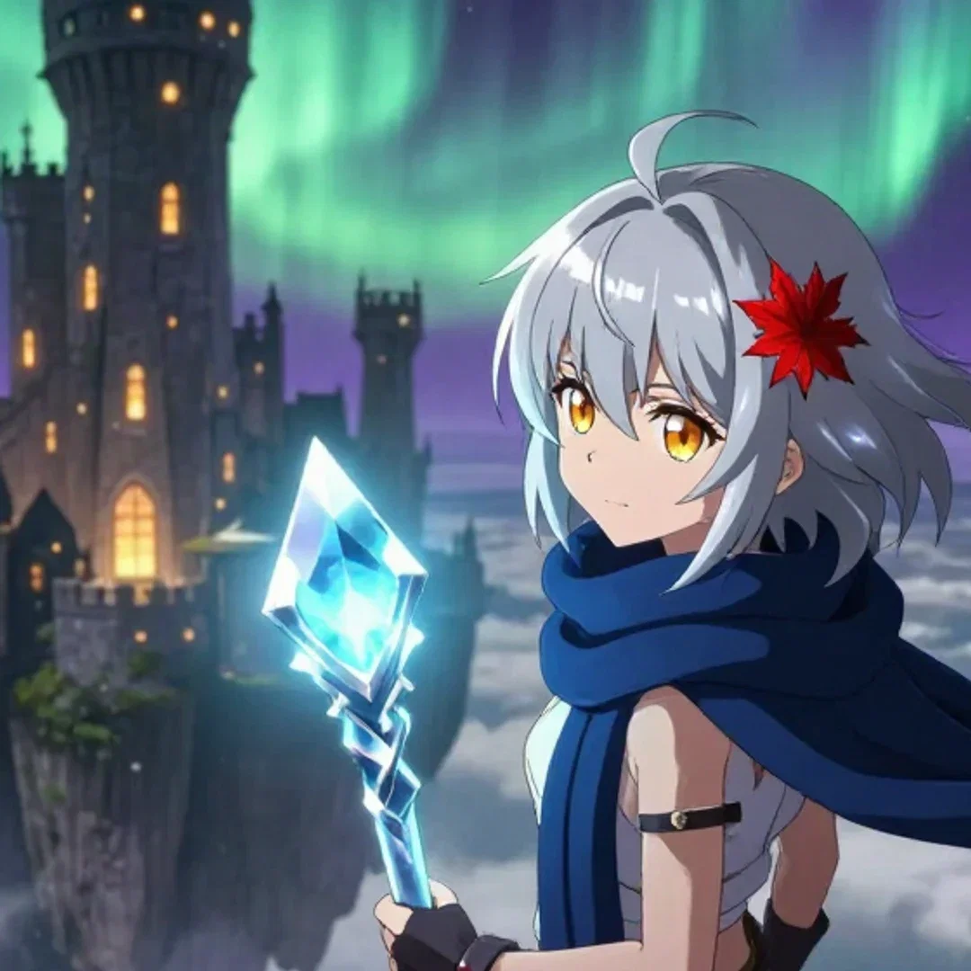 Close crop of the fantasy key visual showing the crystal staff and aurora sky, generated on FluxoKit