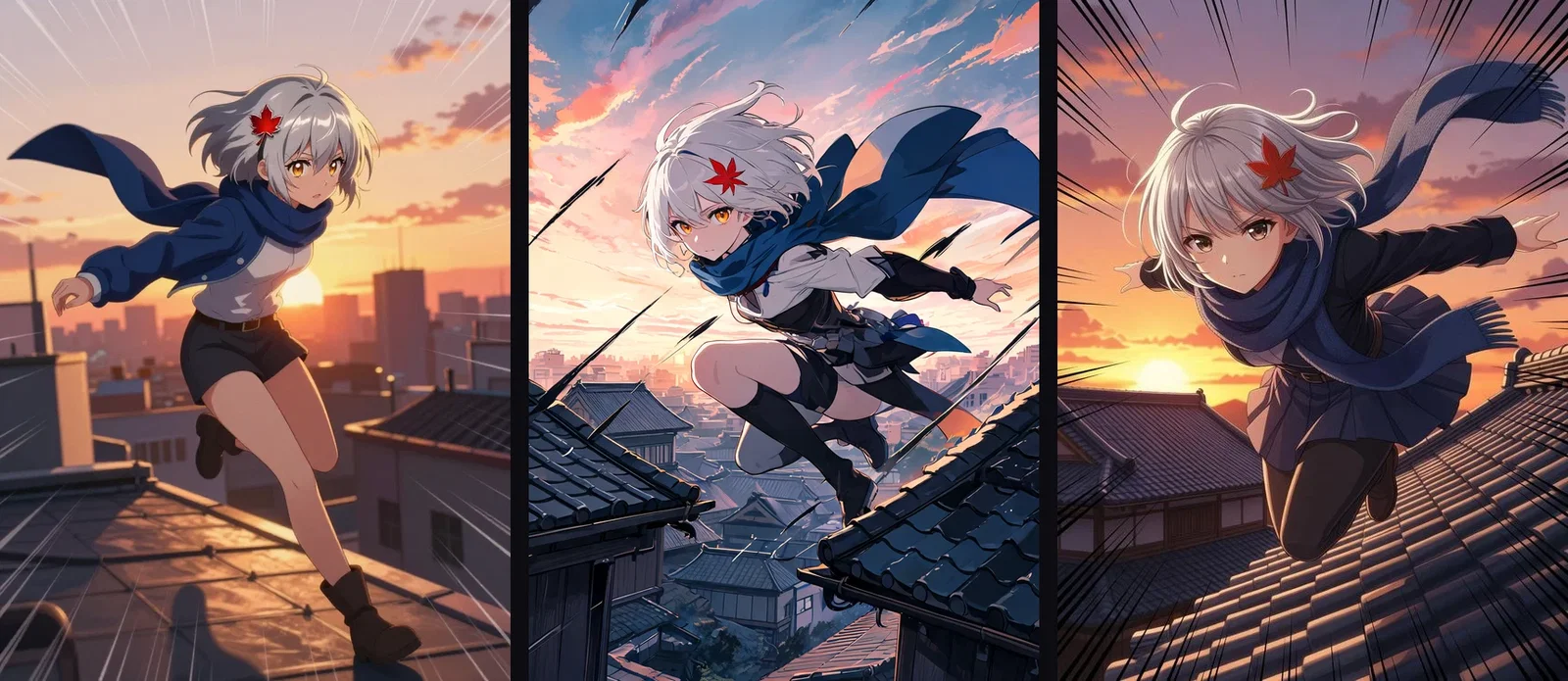The identical rooftop-leap anime prompt rendered by Z-Image, Seedream 5, and Grok Imagine side by side on FluxoKit