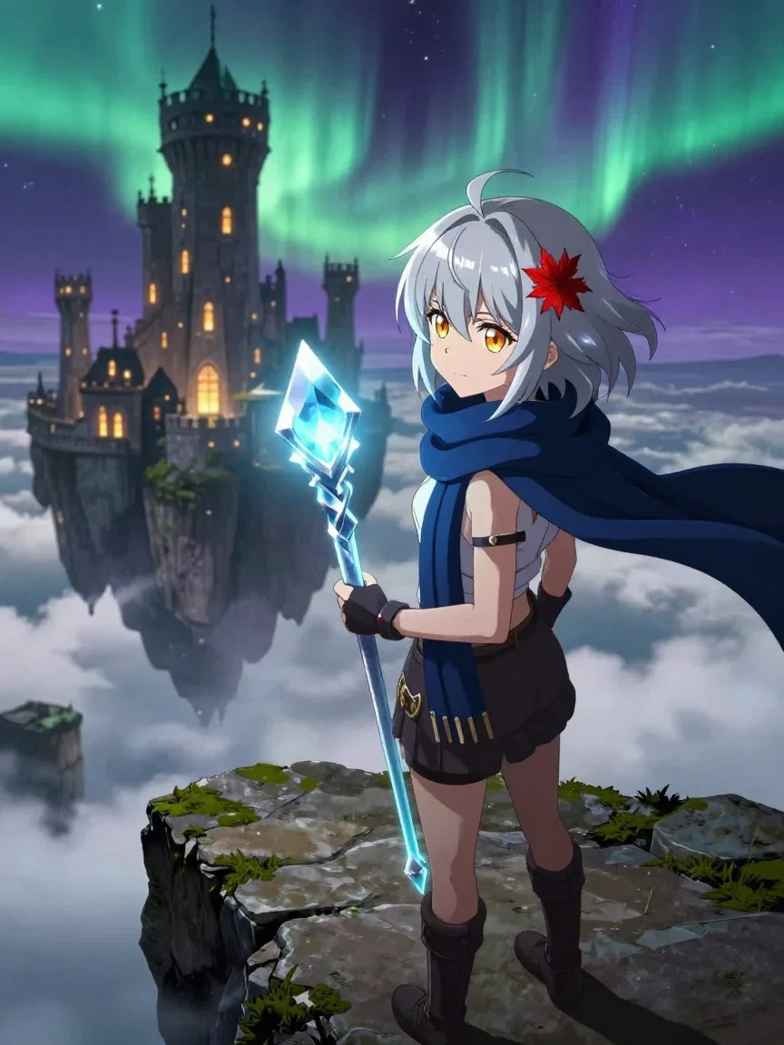 The same anime heroine holding a crystal staff above a floating castle under an aurora, generated on FluxoKit