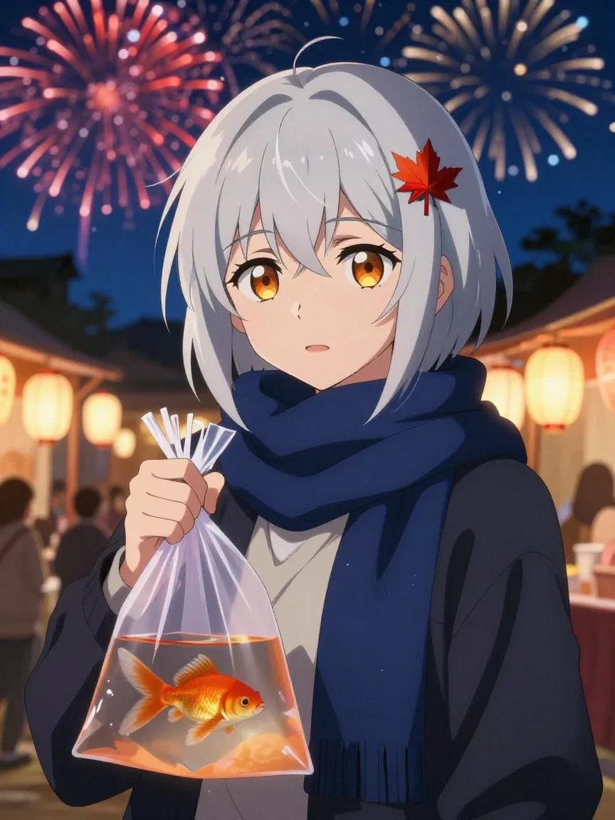 The heroine holding a goldfish bag at a night festival with fireworks, generated on FluxoKit