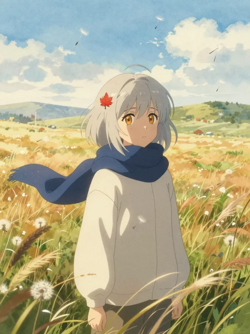 The same anime heroine in a wind-swept meadow with dandelion seeds in soft painterly style, generated on FluxoKit