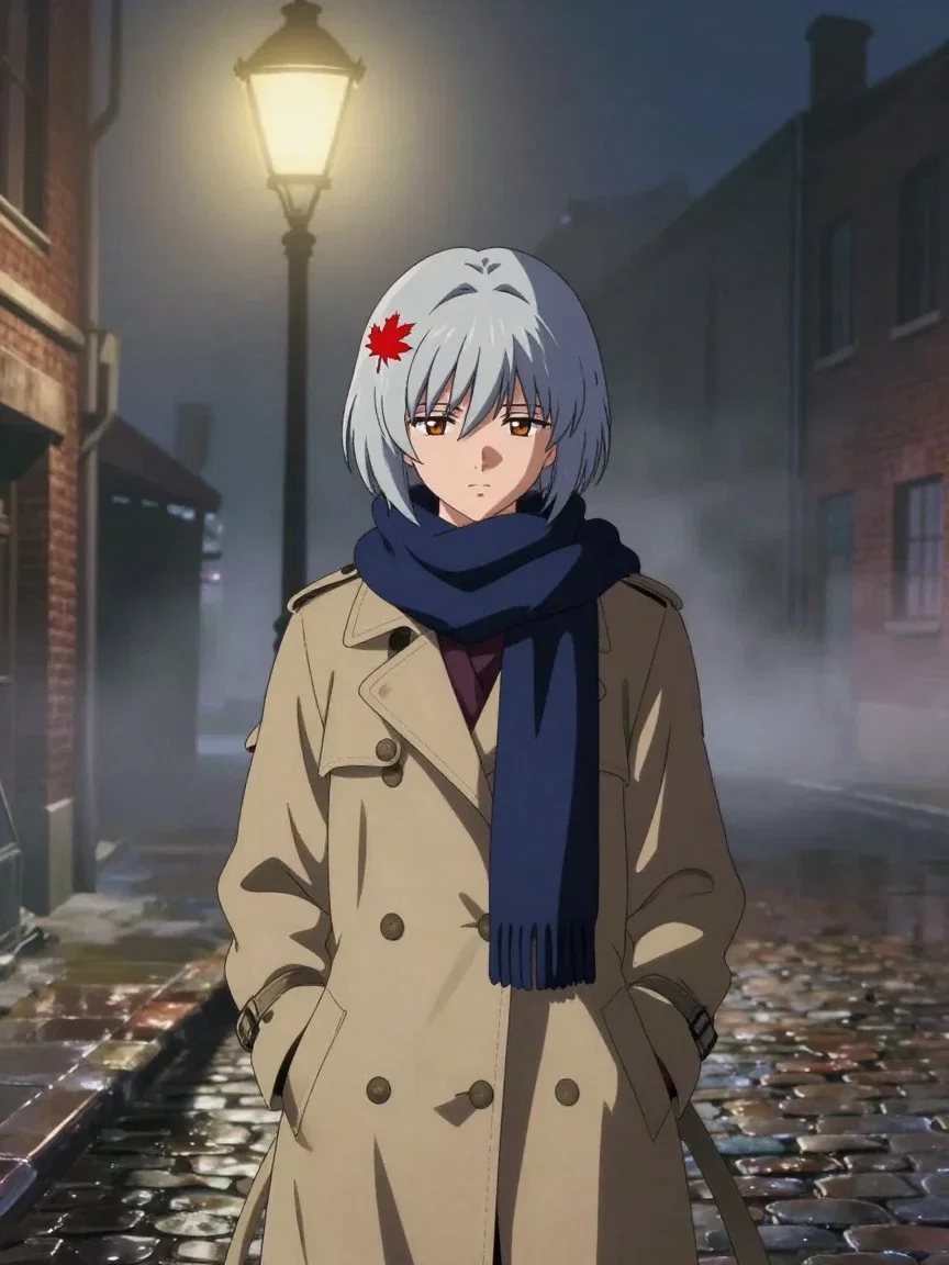 The same heroine in a trench coat under a streetlamp in 1990s retro anime style, generated on FluxoKit