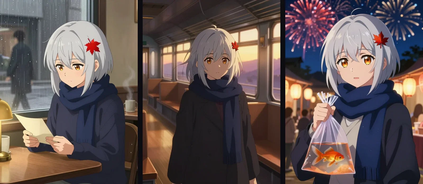 The same anime heroine in three scenes — rainy cafe, dusk train car, and summer festival — with hairpin and scarf consistent, generated on FluxoKit