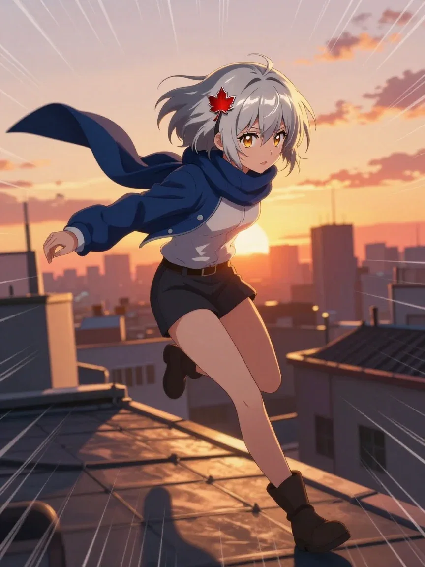 Original anime heroine with silver hair and navy scarf leaping between rooftops at sunset in shonen style, generated on FluxoKit