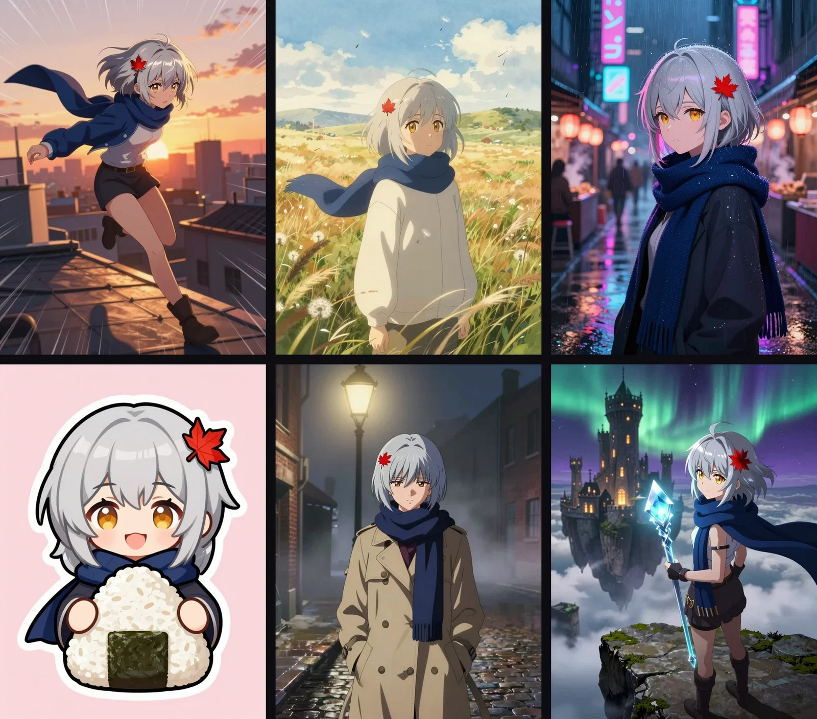 Grid of six anime styles rendering the same described heroine: shonen, pastoral, cyberpunk, chibi, retro OVA, and fantasy, generated on FluxoKit