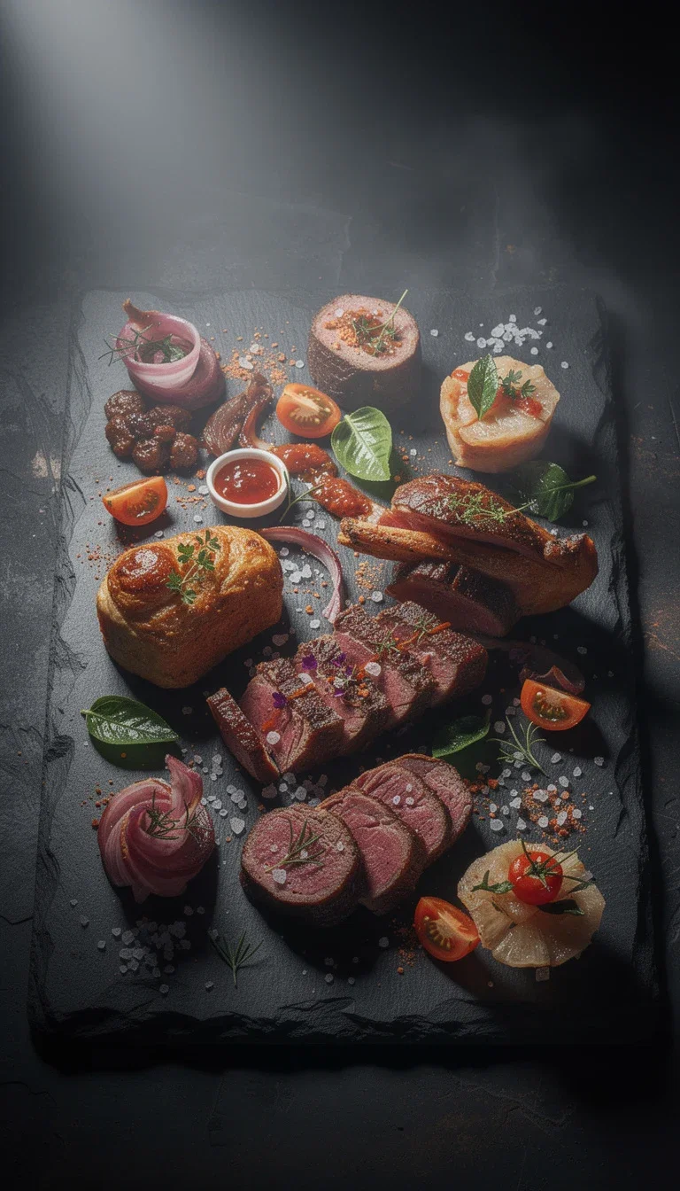 Dark editorial still-life composition of food on slate, painterly AI art, generated on FluxoKit