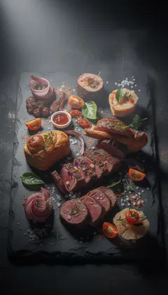 Dark editorial still-life composition of food on slate, painterly AI art, generated on FluxoKit