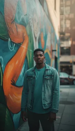 Teal-graded filmic street portrait against a painted mural wall, AI art, generated on FluxoKit