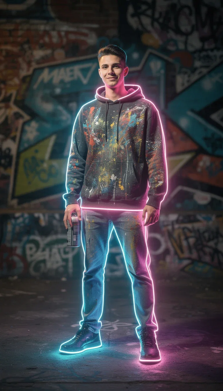 Figure in a hoodie outlined in glowing light against a graffiti wall, AI art, generated on FluxoKit