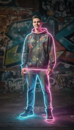 Figure in a hoodie outlined in glowing light against a graffiti wall, AI art, generated on FluxoKit