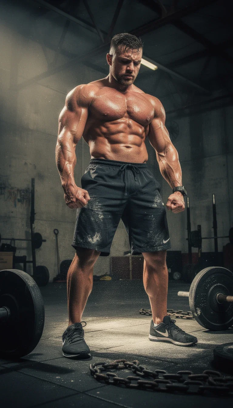 High-contrast gritty art grade of an athlete training in an industrial gym, generated on FluxoKit
