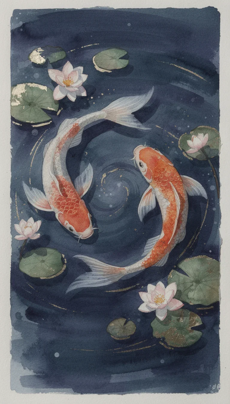 Watercolor painting of two koi circling among lotus flowers with gold-leaf accents, generated on FluxoKit