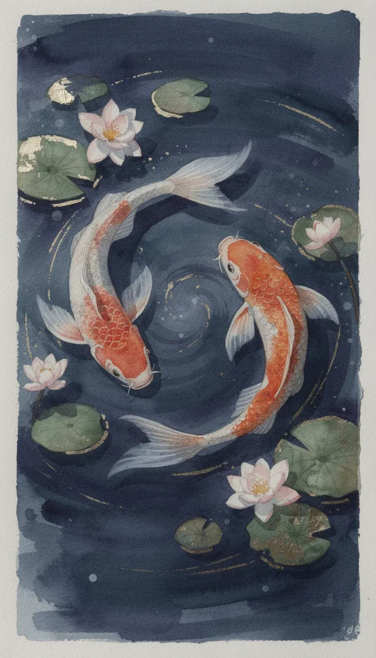 Watercolor painting of two koi circling among lotus flowers with gold-leaf accents, generated on FluxoKit