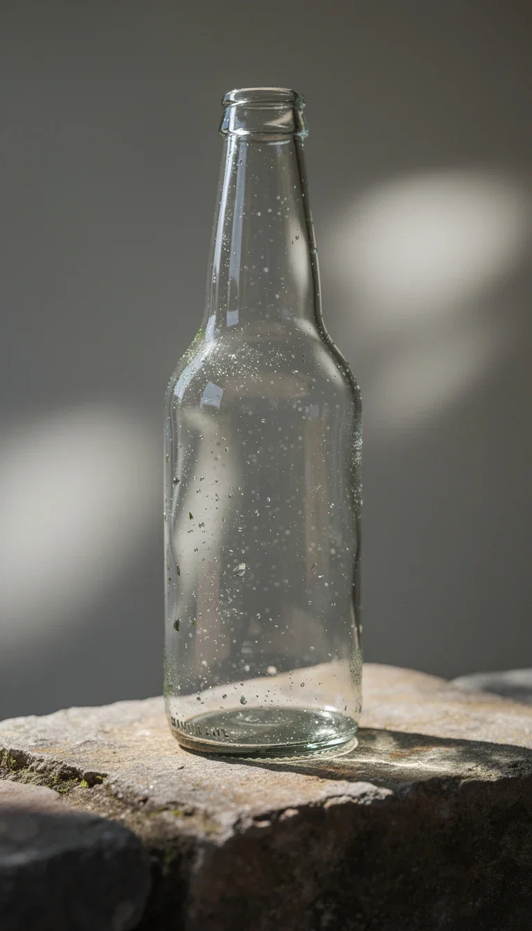 Soft dappled-light object study of a glass bottle on stone, AI art, generated on FluxoKit