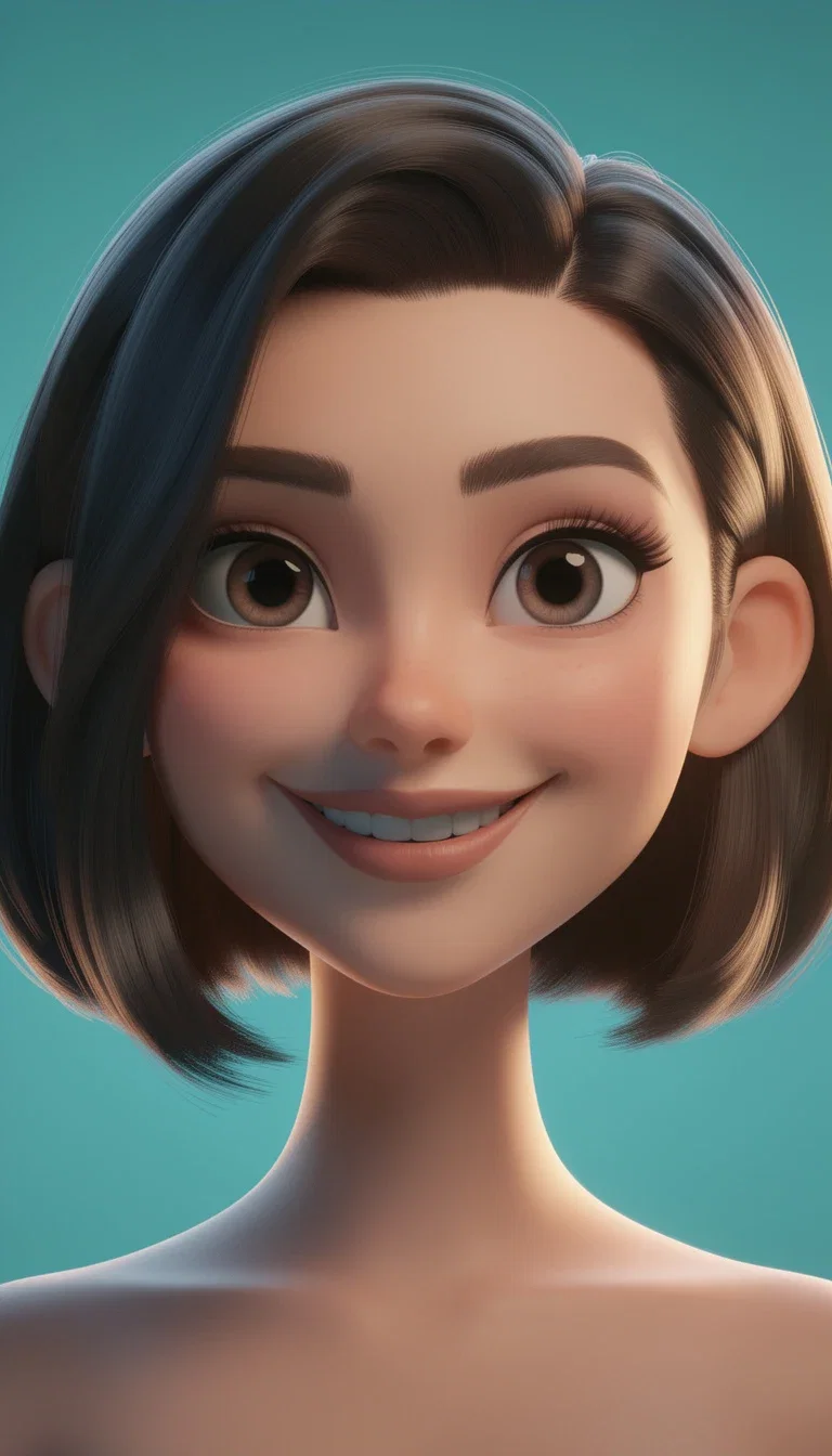 3D animated-film style avatar of a smiling woman with a bob haircut on a teal background, generated on FluxoKit