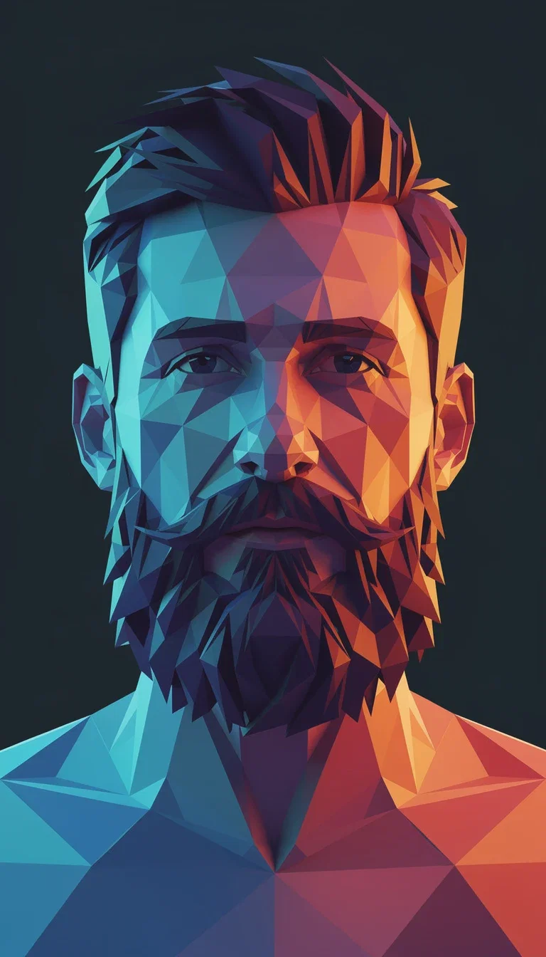 Low-poly geometric avatar of a bearded man built from faceted triangular planes, generated on FluxoKit
