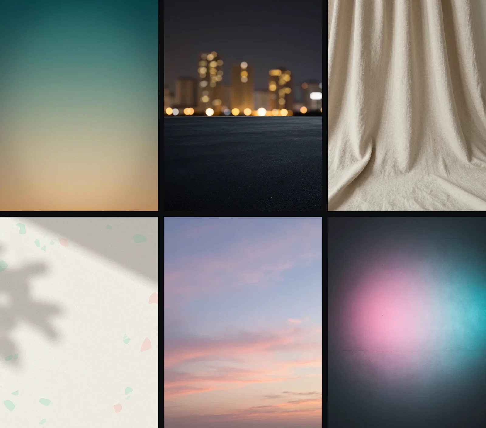 Grid of six generated backdrops: teal-sand gradient, city bokeh, draped linen, terrazzo, sunrise clouds, and neon-washed wall, on FluxoKit