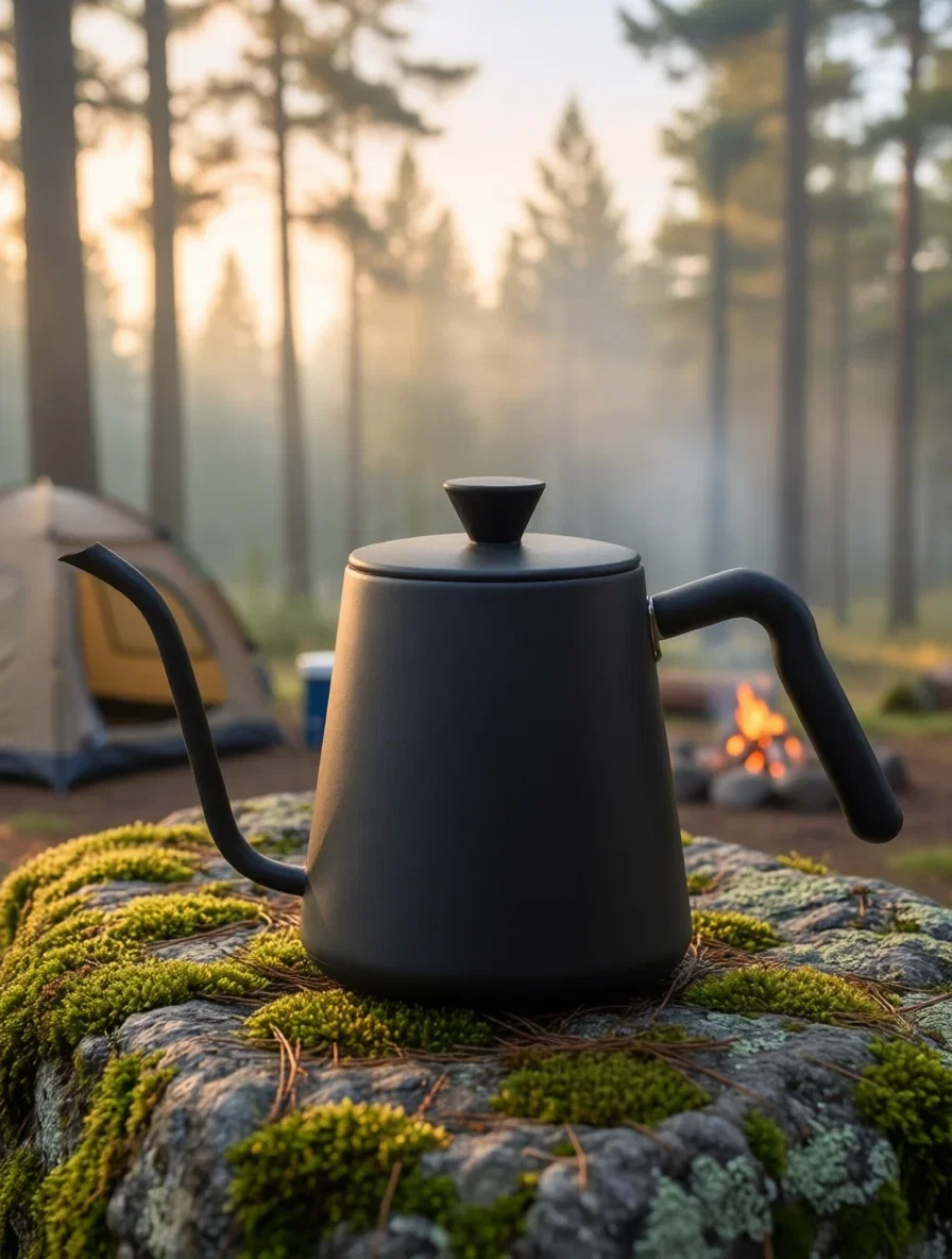 The same kettle restaged onto a mossy stone at a misty dawn campsite by a background edit on FluxoKit