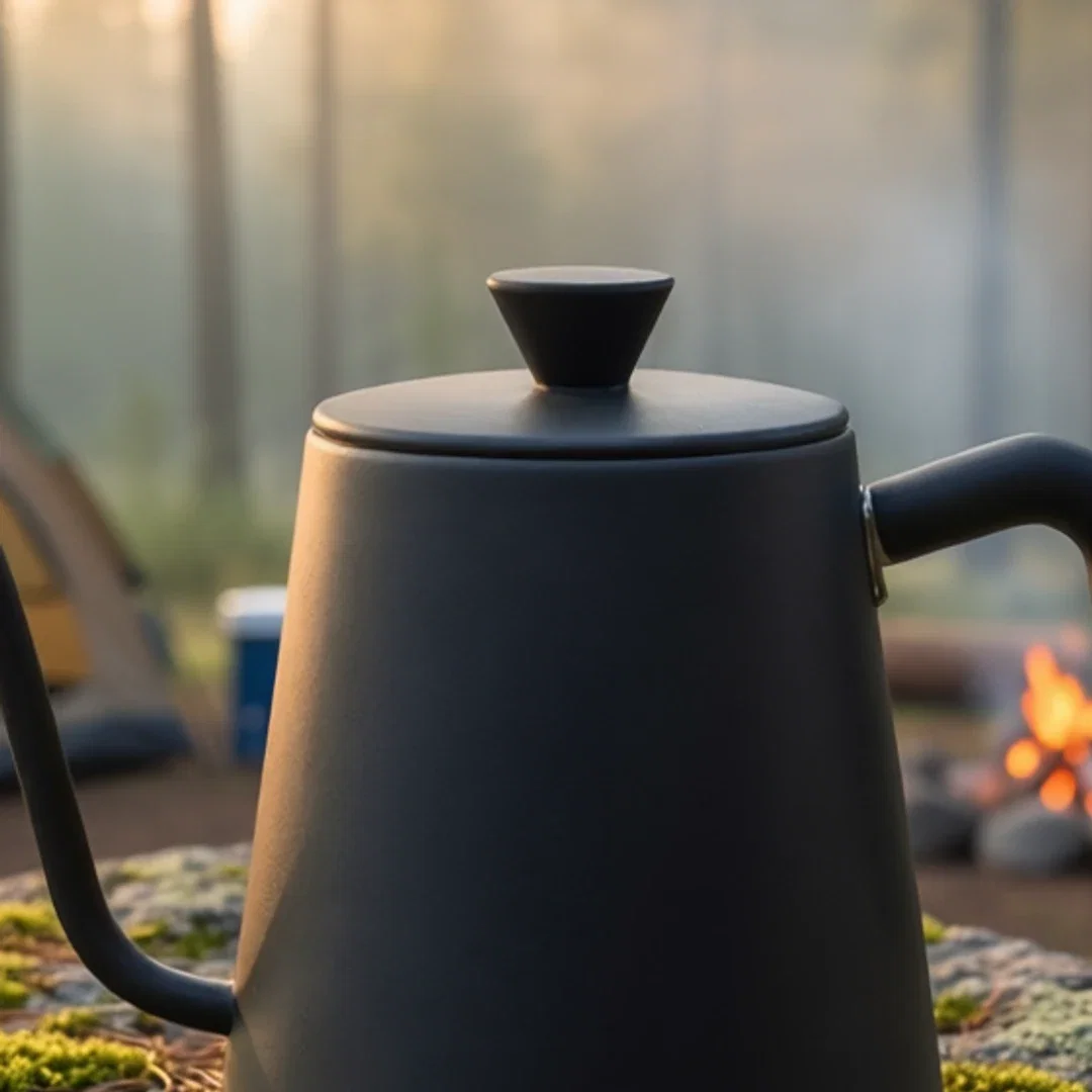 Close crop of the kettle at the campsite showing matched dawn lighting, on FluxoKit