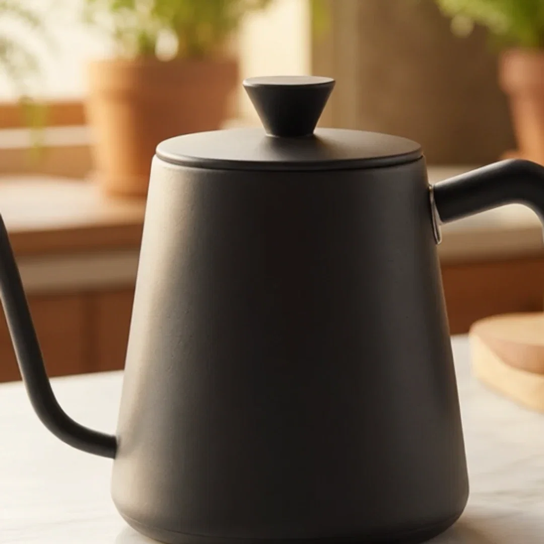 Close crop of the kettle's edges against the replaced kitchen background, on FluxoKit