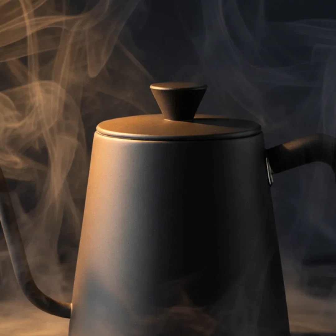 Close crop of the kettle on dark slate with steam wisps wrapping the spout, on FluxoKit