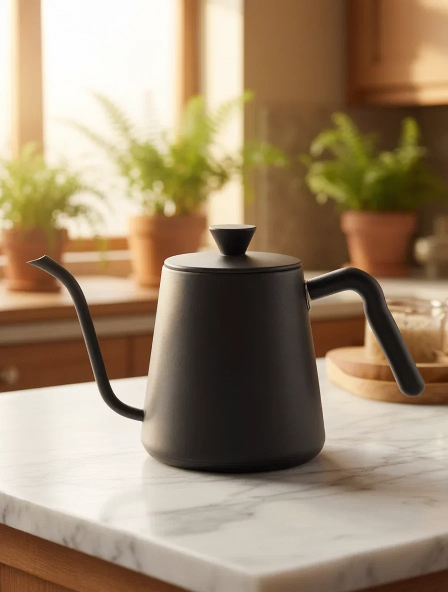 Matte ceramic kettle restaged onto a marble kitchen counter with morning light by a background edit on FluxoKit