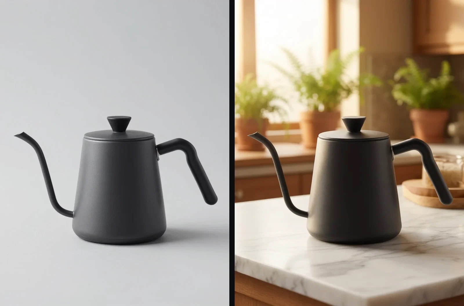Side by side: the original kettle on plain studio gray and the same kettle on a marble kitchen counter after background replacement on FluxoKit