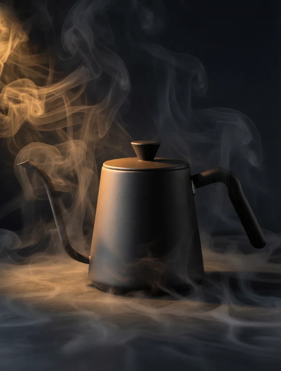The same kettle restaged onto dark slate with steam and a warm spotlight by a background edit on FluxoKit